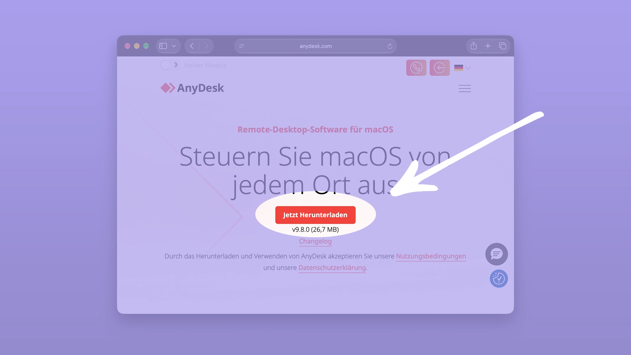 AnyDesk-Downloadseite für den Mac mit dem roten Knopf Jetzt herunterladen