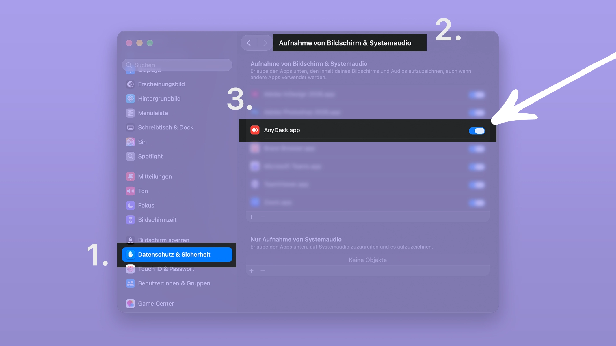 In Datenschutz und Sicherheit ist AnyDesk für die Bildschirmaufnahme eingeschaltet